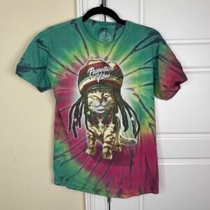 Pawsitive Vibes T-Shirt Mens Small Multicolor Rasta Cat Tie Dye Graphic Tee DOM